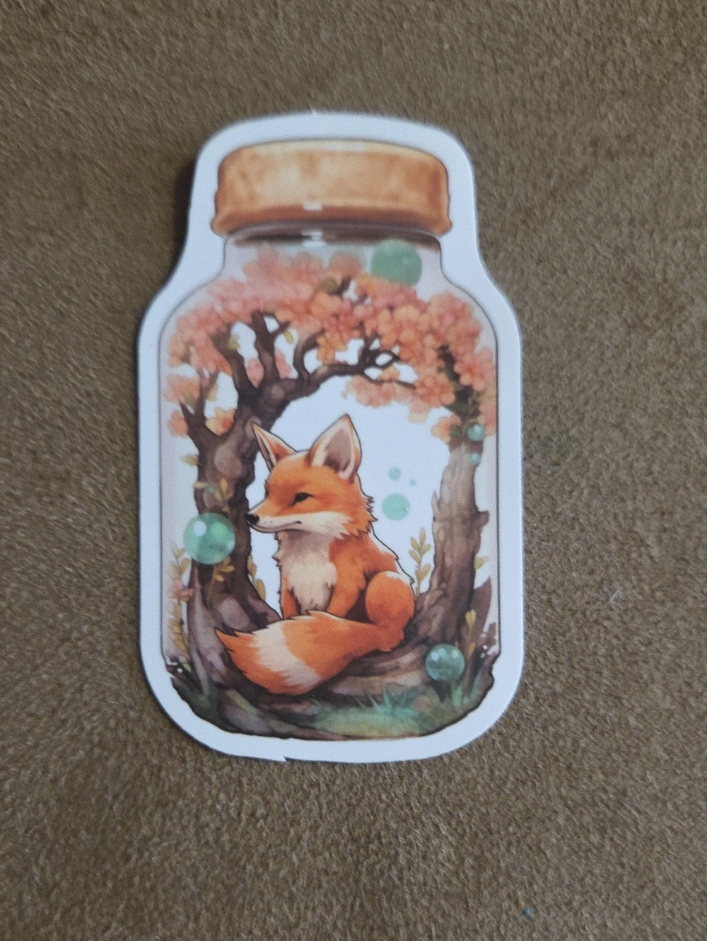 Vinyl Sticker - Red Fox Sitting under a Blossoming Cherry Tree in a Jar